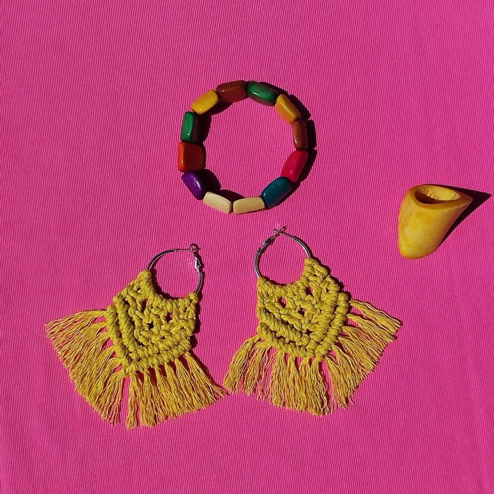Yellow Fringe Earrings and Colorful Bracelet Set